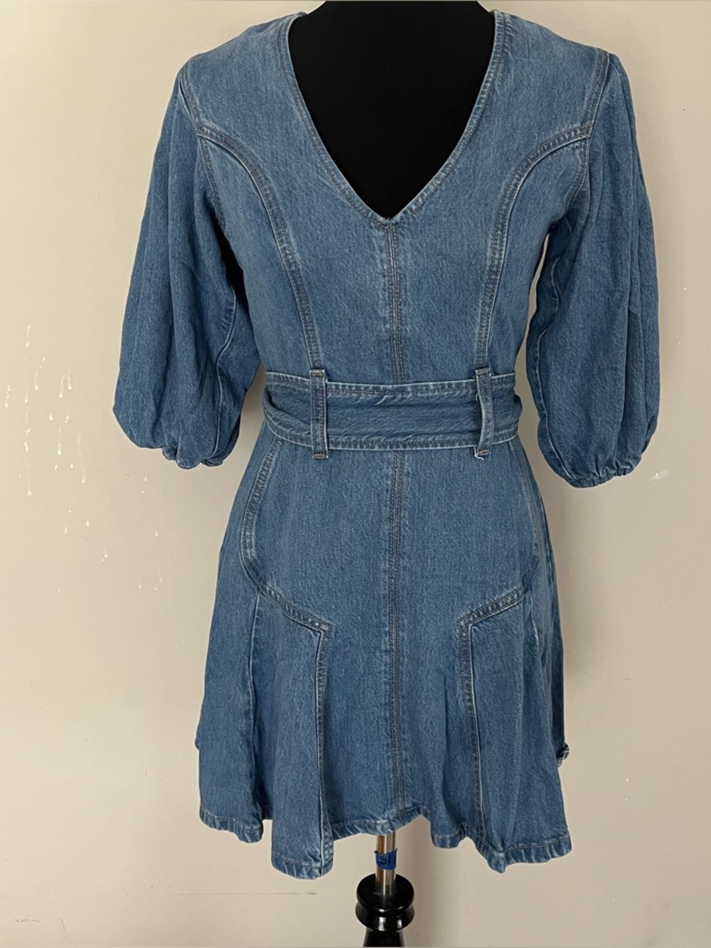 7 For All Mankind denim mini dress V-neckline voluminous puff lantern sleeve - Picture 2 of 11